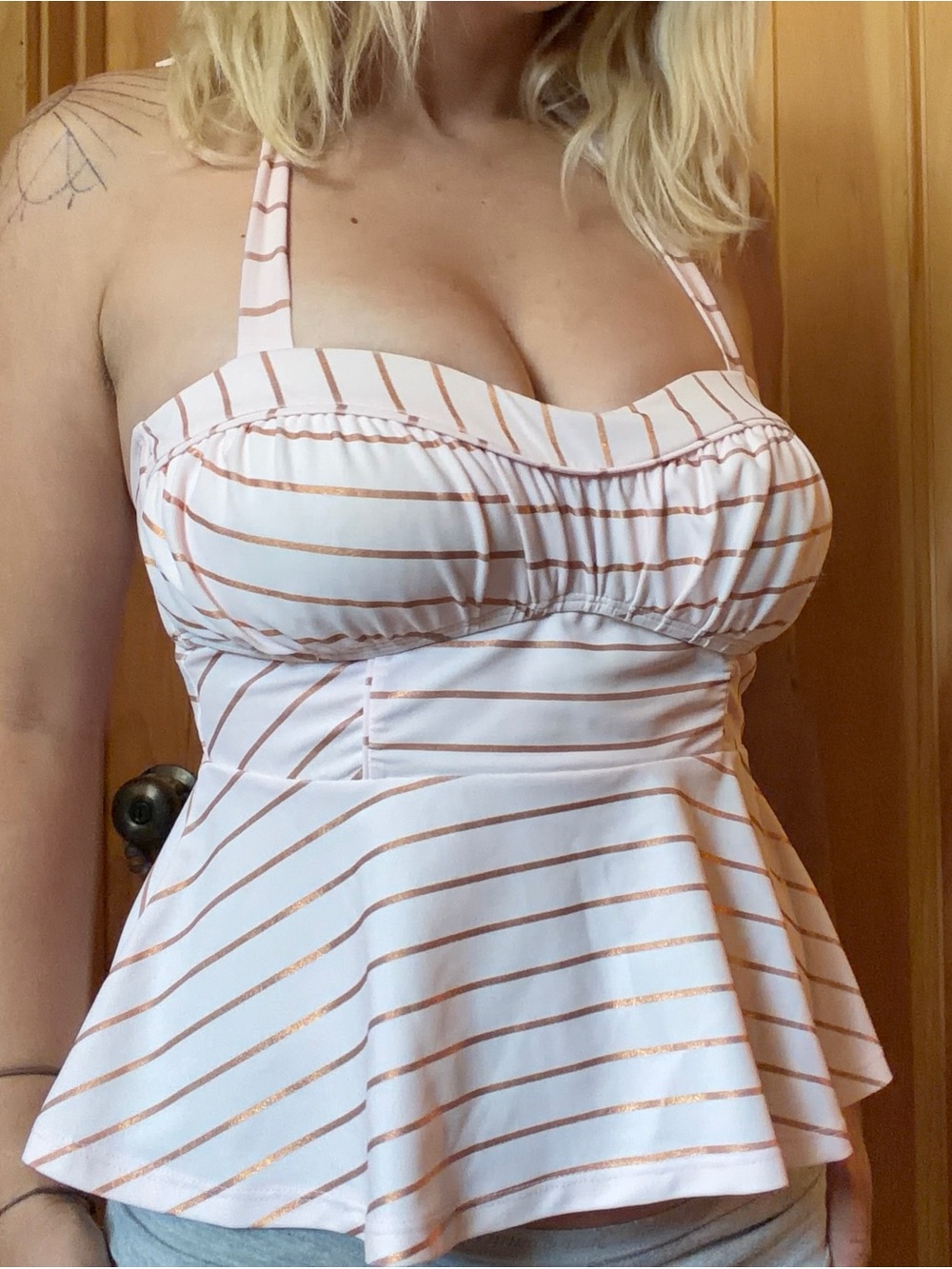 Betsey Johnson Light Pink and Gold Striped Halter Peplum Tankini Top